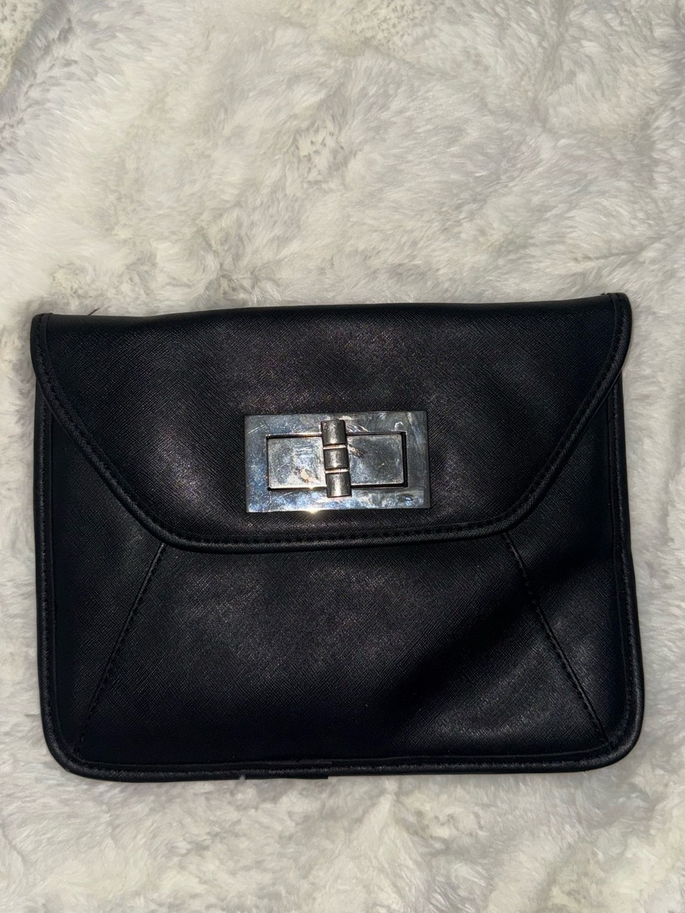 Classic Black Leather Envelope Clutch with Silver Hardware